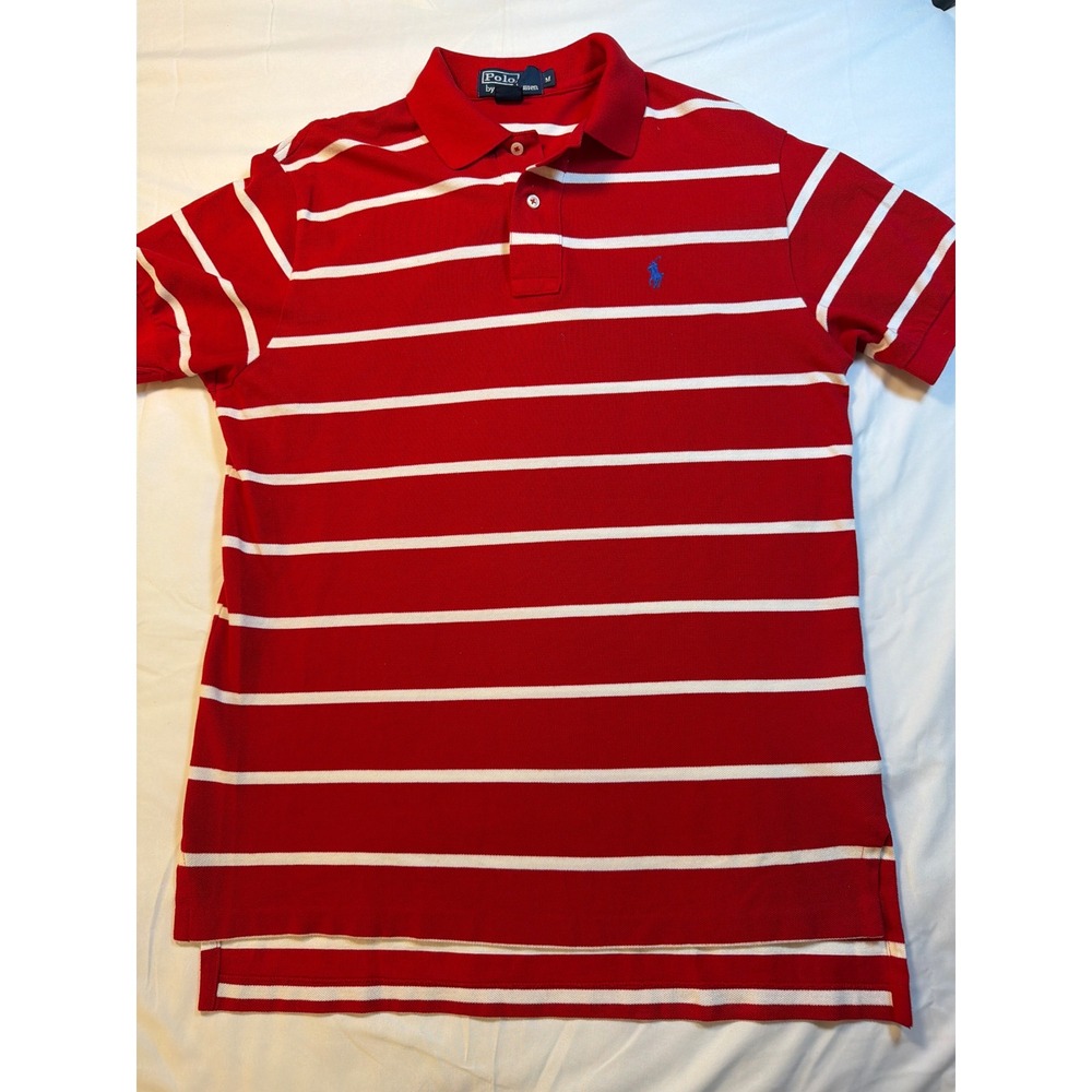 Polo Ralph Lauren Mens Medium Red White Striped Short Sleeve Pique Polo Shirt
